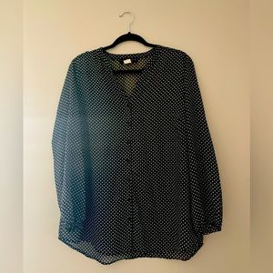 B&W polka dot sheer button up long sleeve blouse with elastic wrists